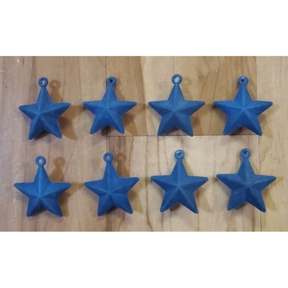 Mini Flocked Pointed Star Christmas Ornaments Blue 1.75" Lot Of 8